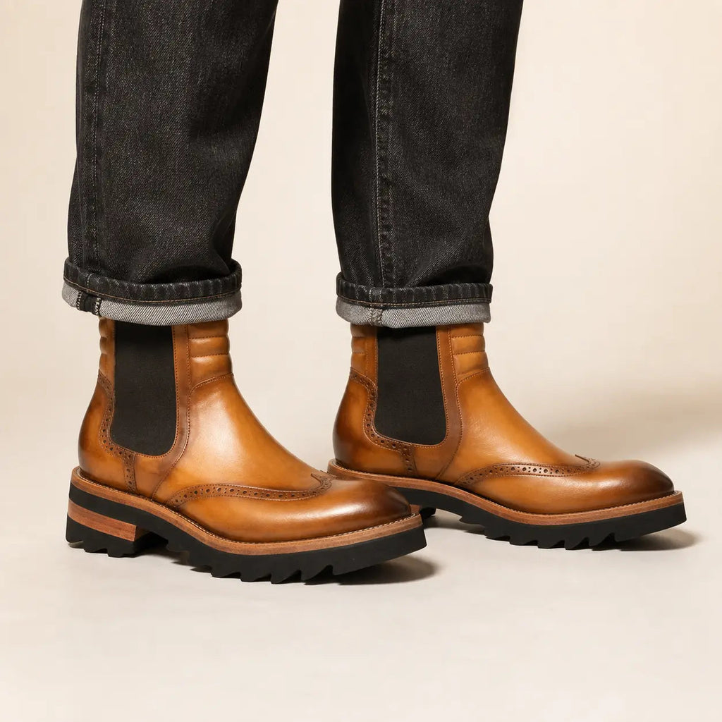 Golden Tan-Brown Lug Sole Wingtip Chelsea Ankle Boot