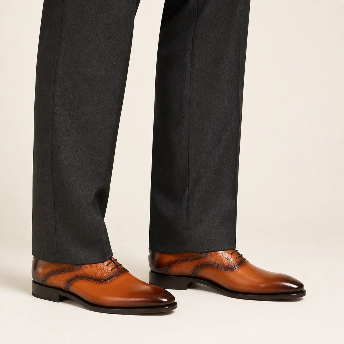 Orange-Brown Square-Toe Oxfords with Raised-Texture Panels