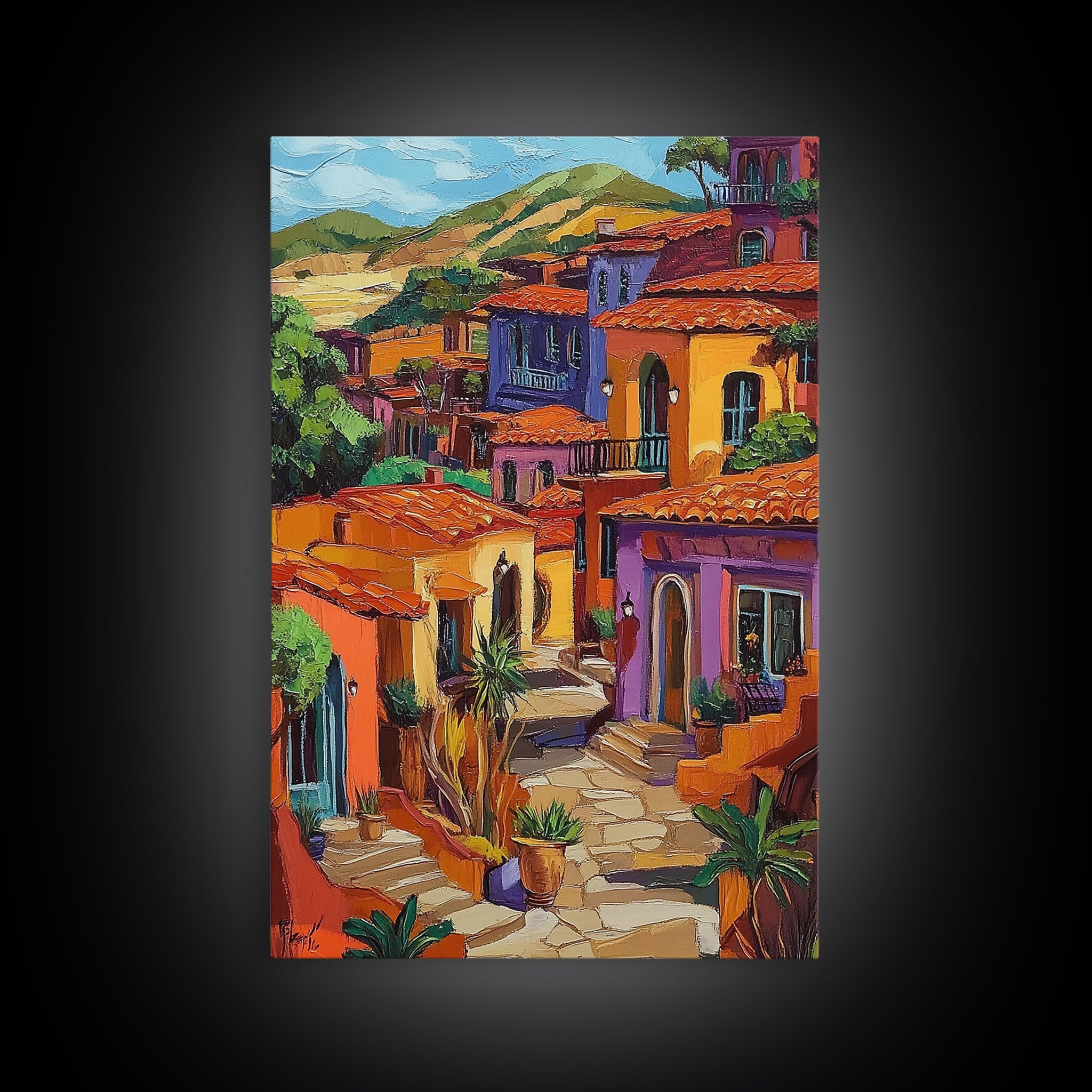 Village Warm Colorful, Spanish, Framed Canvas Print colorful village scene, rustic Mediterranean decor, patio wall art, boho sunset print