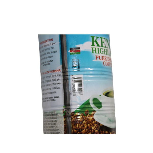 Kenya Highlands Pure Instant Coffee package with barcode panel