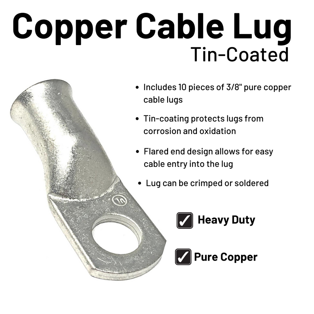 2/0 Gauge Welding Battery Cable Kit - Includes 10 pieces of 3/8" Tinned Copper Cable Lugs and 3 feet Black Heat Shrink Tubing