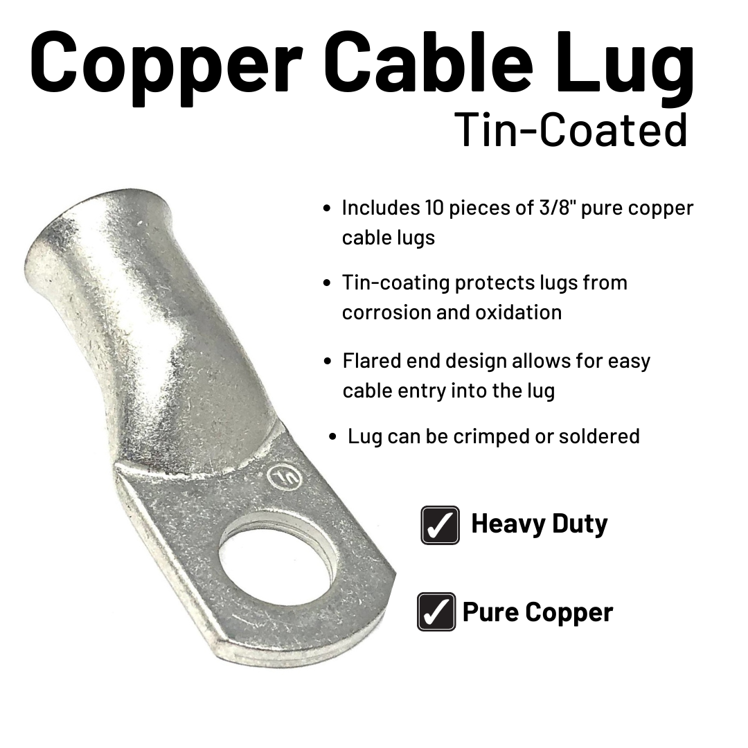 2/0 Gauge Welding Battery Cable Kit - Includes 10 pieces of 3/8" Tinned Copper Cable Lugs and 3 feet Black Heat Shrink Tubing