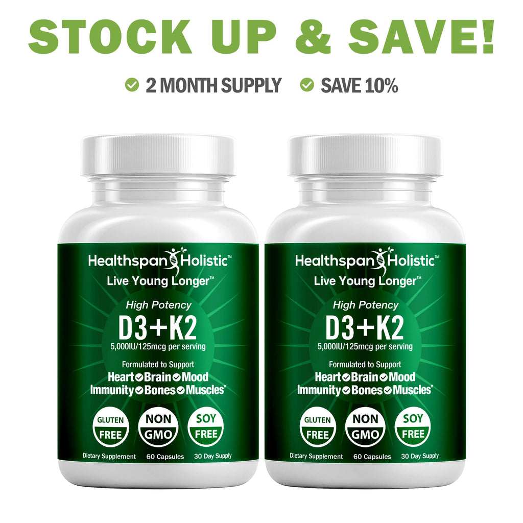 High Potency Vitamin D3 + K2 Supplement 60 Capsules