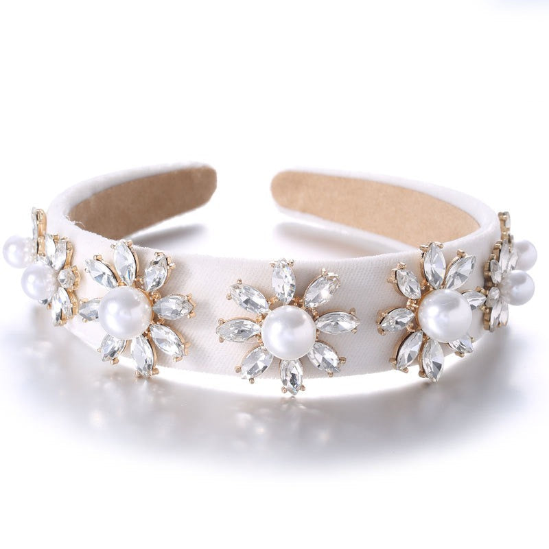 Baroque Large Pearl Flower Set with Colorful Diamonds Fashion Hair Hoop
