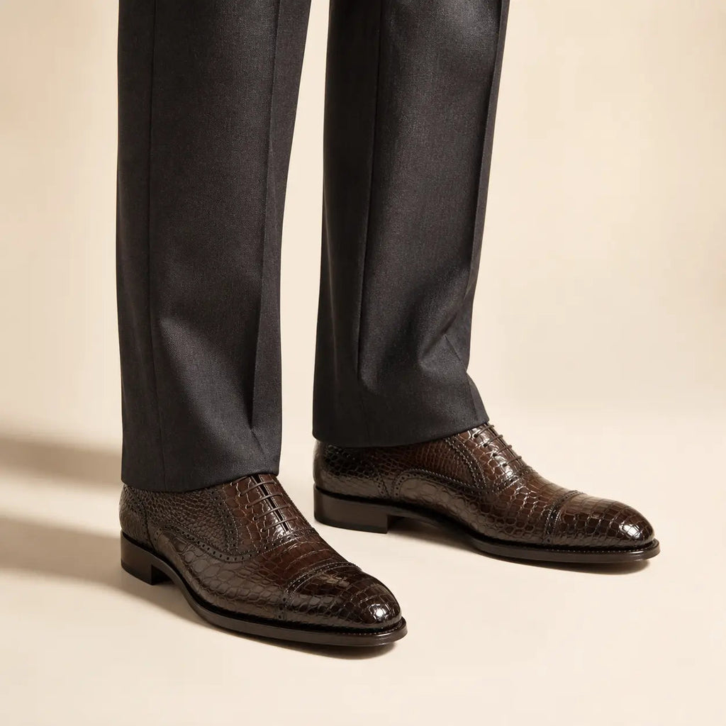 Dark Brown Cap-Toe Oxford Shoes with Perforated Detail