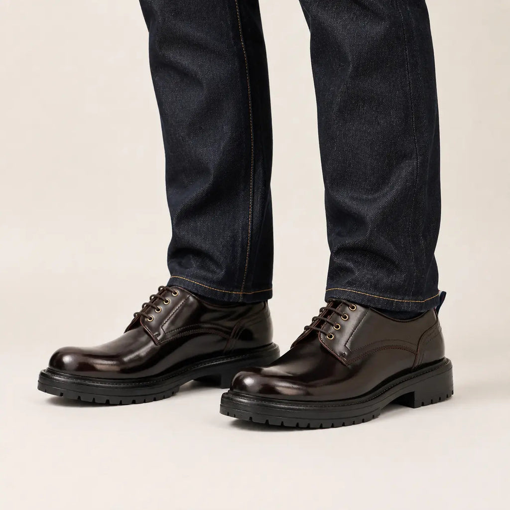 Very Dark Reddish Brown Plain-Toe Derby Shoes with Pull Tab