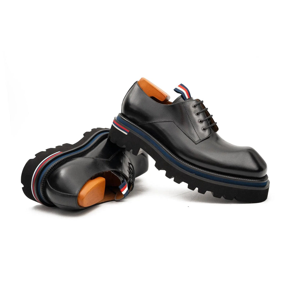 Black Square-Toe Derby Shoes with Pull Tab