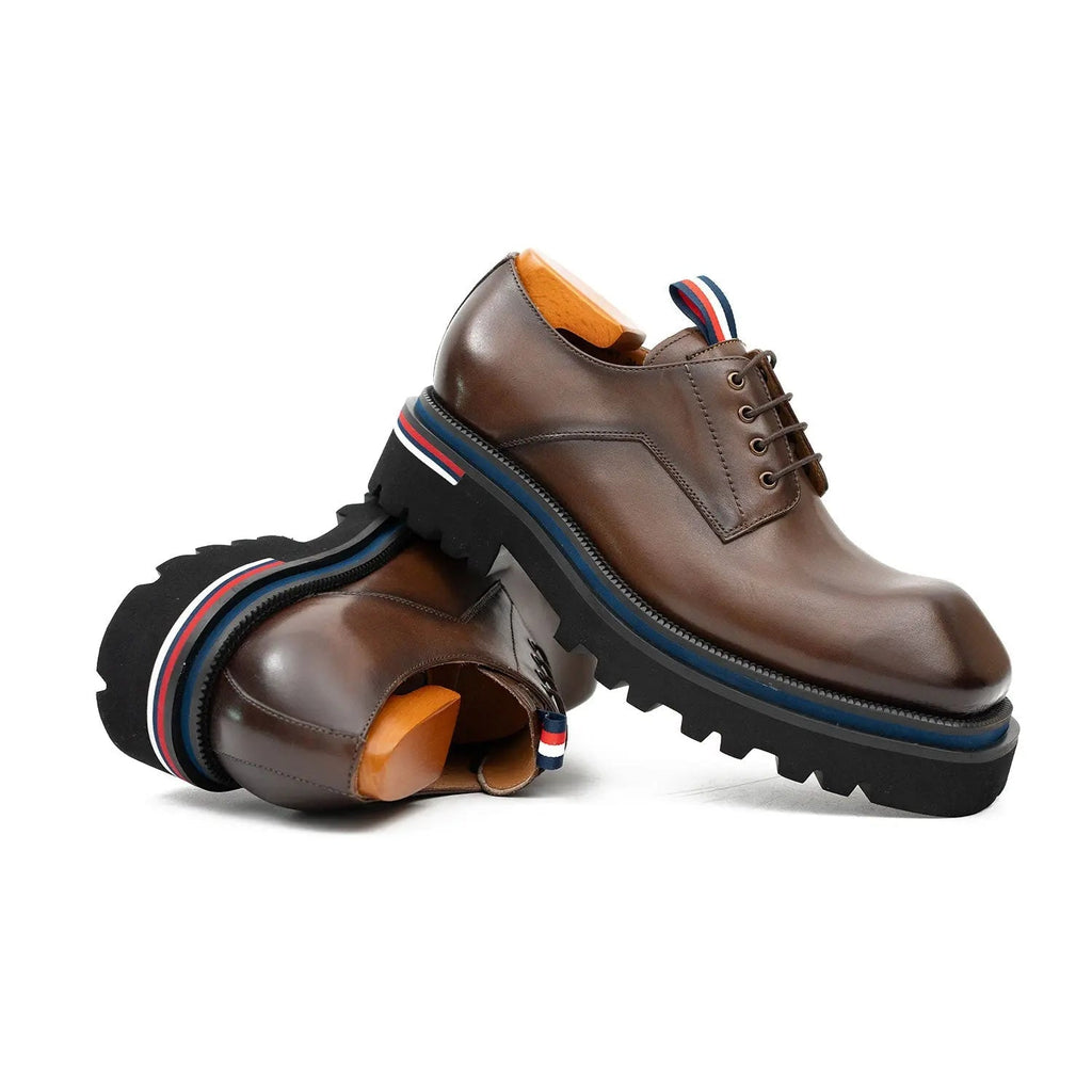Taupe-Brown Plain-Toe Derby Shoes with Pull Tab