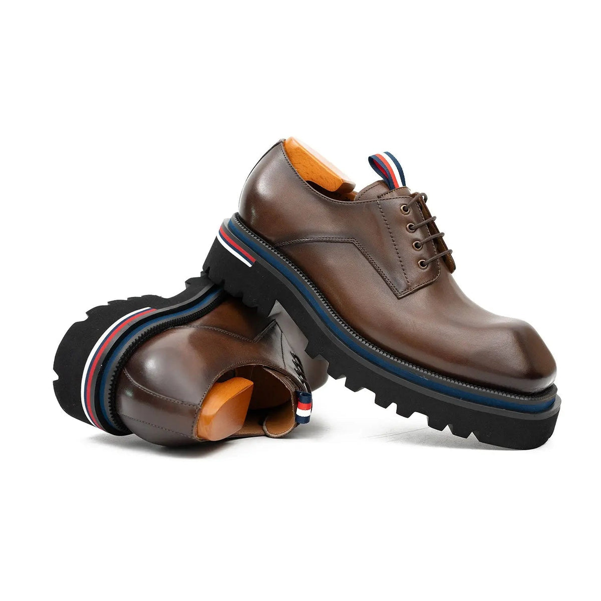 Taupe-Brown Plain-Toe Derby Shoes with Pull Tab