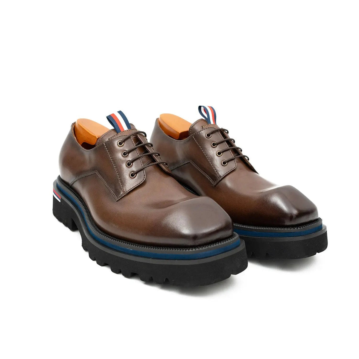 Taupe-Brown Plain-Toe Derby Shoes with Pull Tab