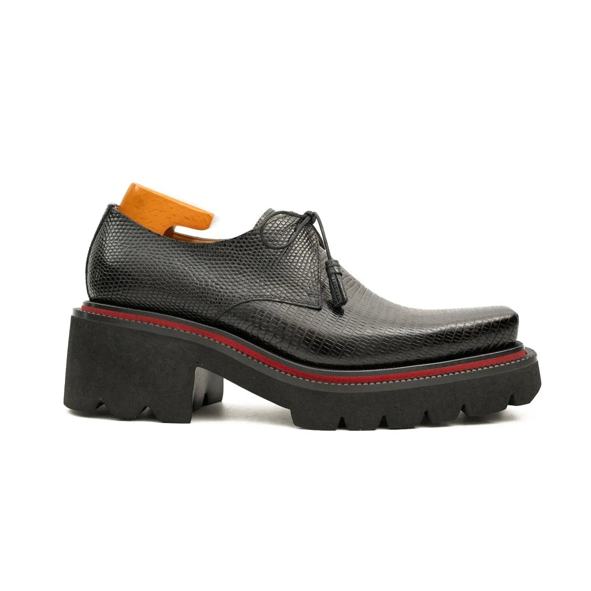 Black Pebbled Calfskin Derby Shoes with Lace-End Tassels