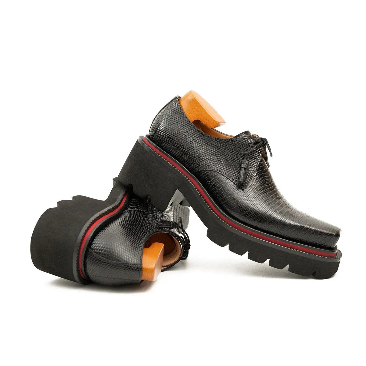 Black Pebbled Calfskin Derby Shoes with Lace-End Tassels
