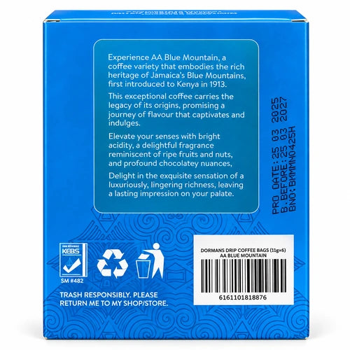 Dormans AA Blue Mountain Single Serve Drip Coffee Bags, Medium Roast Premium Kenyan Arabica, Pour Over Coffee Packets, 6 Count Box (6g per Sachet)