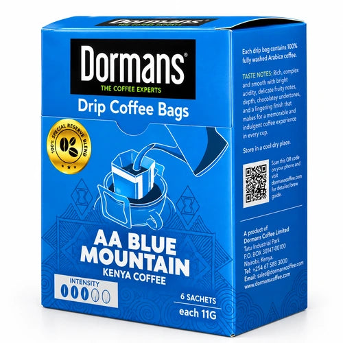 Dormans AA Blue Mountain Single Serve Drip Coffee Bags, Medium Roast Premium Kenyan Arabica, Pour Over Coffee Packets, 6 Count Box (6g per Sachet)