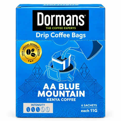 Dormans AA Blue Mountain Single Serve Drip Coffee Bags, Medium Roast Premium Kenyan Arabica, Pour Over Coffee Packets, 6 Count Box (6g per Sachet)
