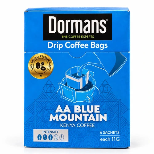 Dormans AA Blue Mountain Single Serve Drip Coffee Bags, Medium Roast Premium Kenyan Arabica, Pour Over Coffee Packets, 6 Count Box (6g per Sachet)