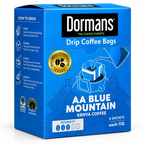 Dormans AA Blue Mountain Single Serve Drip Coffee Bags, Medium Roast Premium Kenyan Arabica, Pour Over Coffee Packets, 6 Count Box (6g per Sachet)