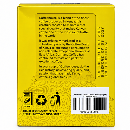 Dormans Kenyan Pour Over Drip Coffee Bags | Coffee House Medium Roast | 6 Pack Box (0.21 oz / 6g Individual Sachets)