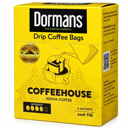 Dormans Kenyan Pour Over Drip Coffee Bags | Coffee House Medium Roast | 6 Pack Box (0.21 oz / 6g Individual Sachets)