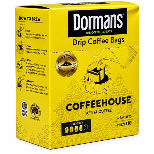 Dormans Kenyan Pour Over Drip Coffee Bags | Coffee House Medium Roast | 6 Pack Box (0.21 oz / 6g Individual Sachets)