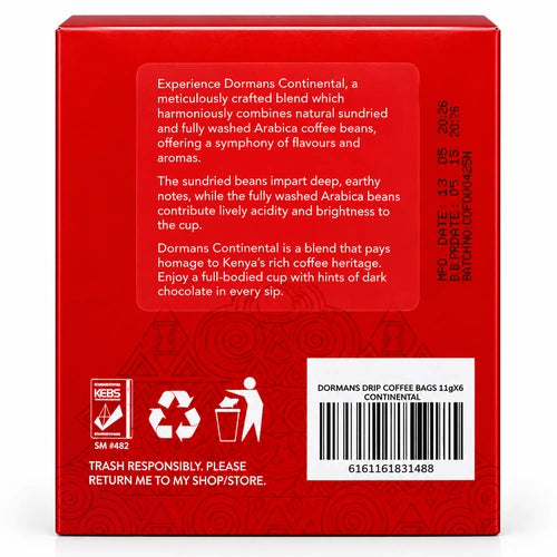 • Dormans Continental Premium Pour Over Drip Coffee Bags | Dark Chocolate & Fruit Notes | 6-Pack Box (0.21 oz / 6g Individual Sachets)