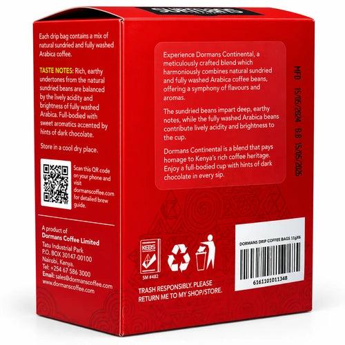 • Dormans Continental Premium Pour Over Drip Coffee Bags | Dark Chocolate & Fruit Notes | 6-Pack Box (0.21 oz / 6g Individual Sachets)