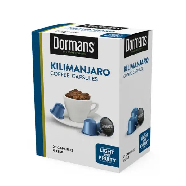 Dormans Kilimanjaro Coffee Capsules 25 capsules 125g in original white packaging with blue and black Dormans branding, Kilimanjaro Coffee Capsules product name, Light and Fruity label, blue coffee capsules, and coffee capsule imagery, shown at its original three-quarter angle on a clean white background.