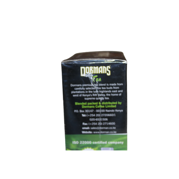 Dormans Premium Kenyan Tea 500g back panel with product information ISO 22000 certification and contact details