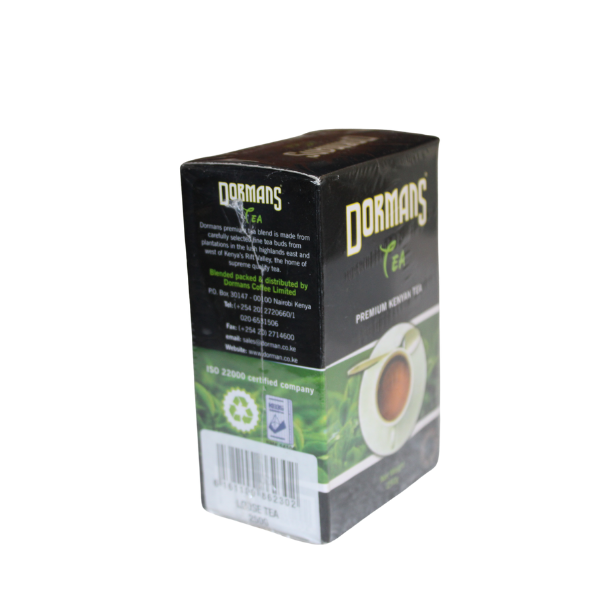 Dormans Premium Kenyan Tea 500g box angled left view showing front label and side panel