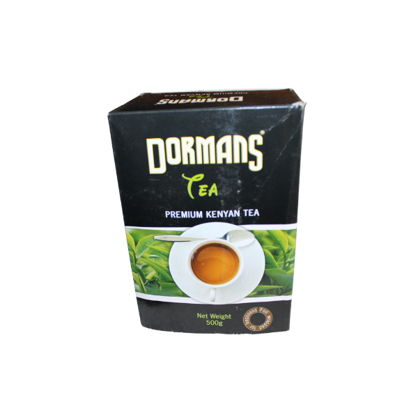 Dormans Premium Kenyan Tea 500g close-up front box label with bold Dormans logo and Kenya tea branding
