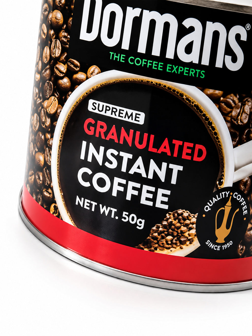 Gibsons 50g coffee tin viewed from the back with product label, barcode, storage instructions, and coffee beans