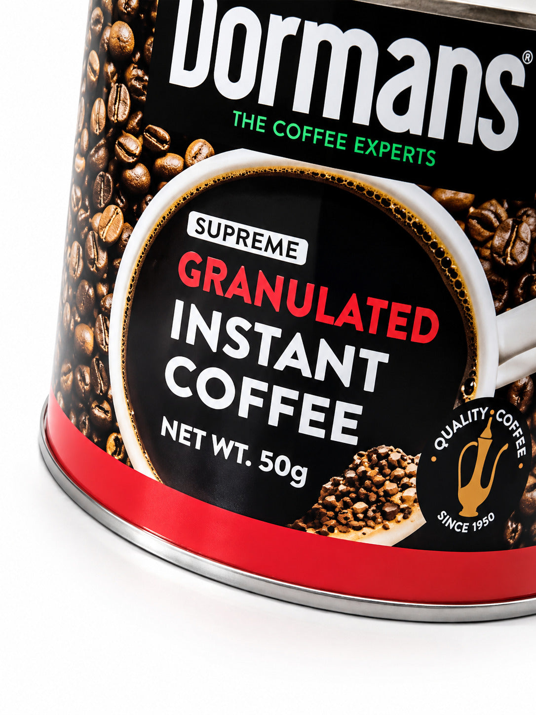 Gibsons 50g coffee tin viewed from the back with product label, barcode, storage instructions, and coffee beans