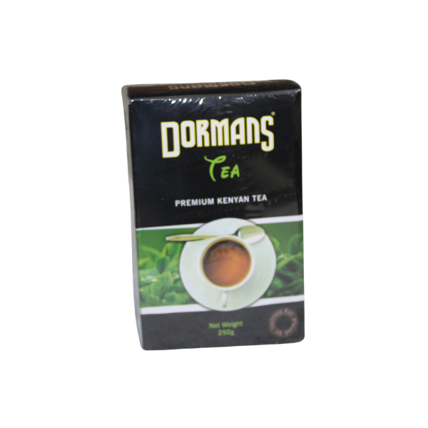 Dormans Tea 500g black box front and right side three-quarter view with tea cup detail visible