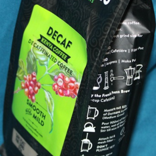 Dormans Decaf Kenya Coffee package showing product details and instructions