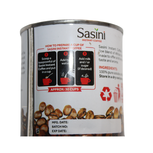 Sasini Instant Coffee 50g rear can showing preparation information