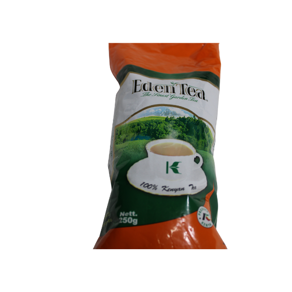 Eden Tea 500g right side angle view orange green resealable pouch Kenya