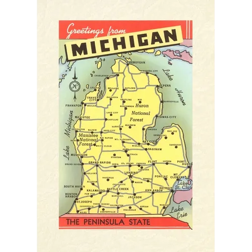 Vintage Lined Notebook Greetings from Michigan, Map - Paperback