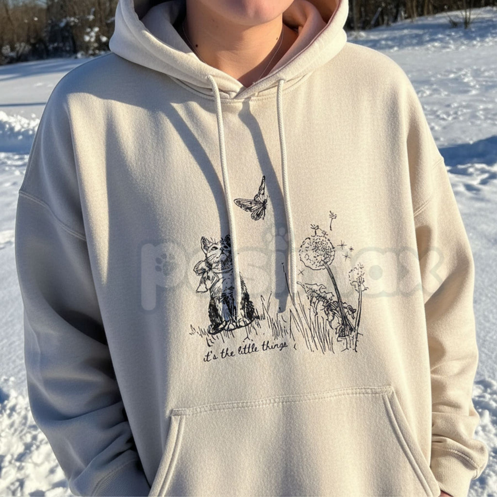 "Enjoy The Little Things" Cute Cat & Nature Hoodie – Whimsical Aesthetic Pullover, Cozy Cat Lover Streetwear, Unisex Nature-Inspired Sweatshirt