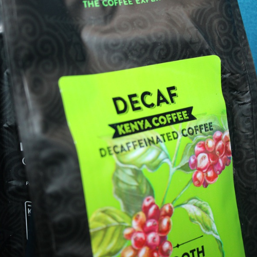 Dormans Decaf Kenya Coffee angled package view fine grind coffee
