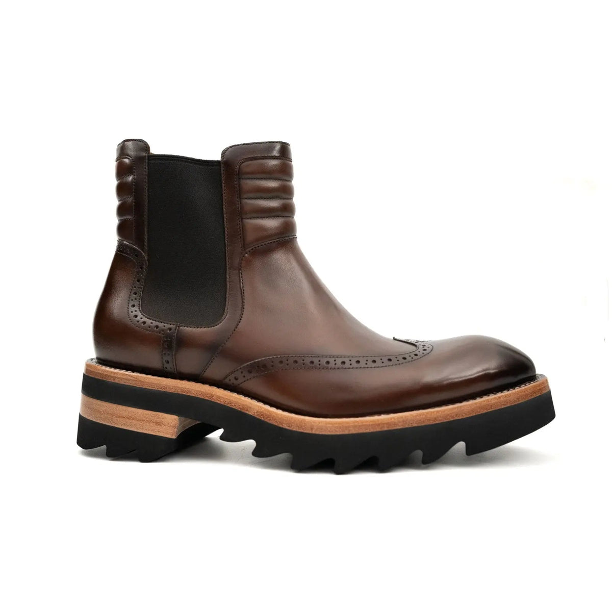 Dark Brown Lug Sole Wingtip Chelsea Ankle Boot