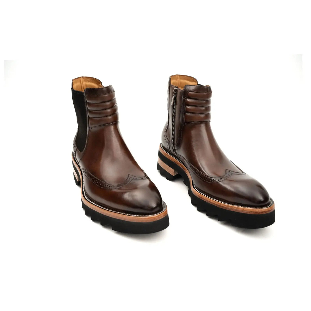 Dark Brown Lug Sole Wingtip Chelsea Ankle Boot