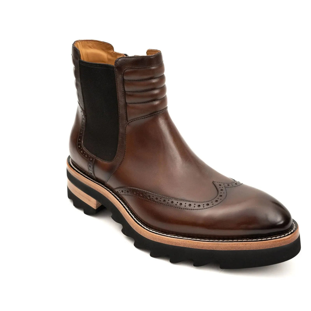 Dark Brown Lug Sole Wingtip Chelsea Ankle Boot