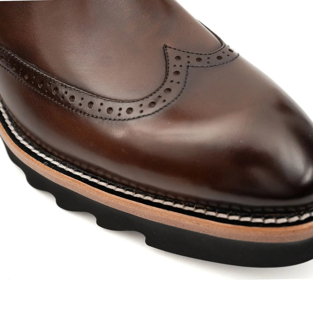 Dark Brown Lug Sole Wingtip Chelsea Ankle Boot