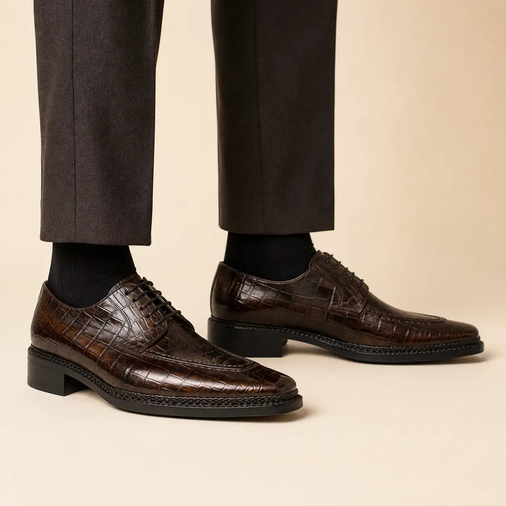 Dark Brown Textured Apron-Toe Derby Shoe