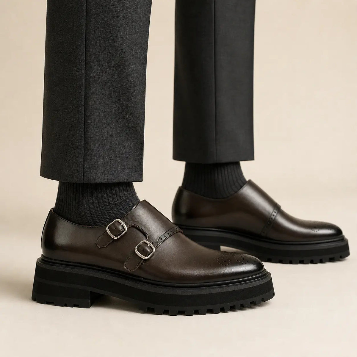Dark Brown Lug Sole Double Buckle Monk Shoe