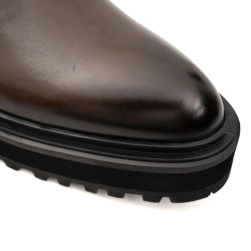 Dark Brown Lug Sole Chelsea Ankle Boot with Rounded Toe