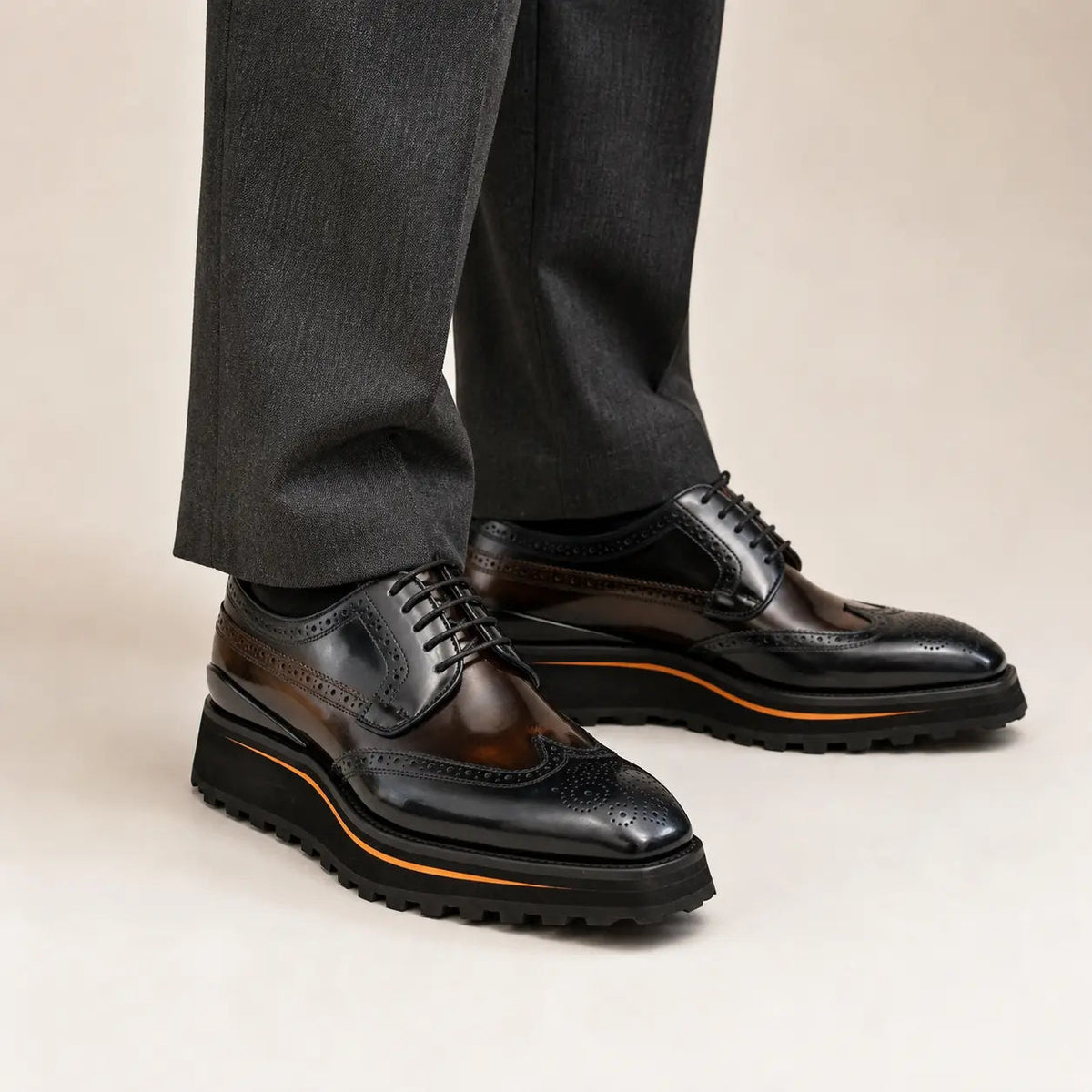 Dark Brown Wingtip Derby Shoes with Contrast-Edge Lug Sole
