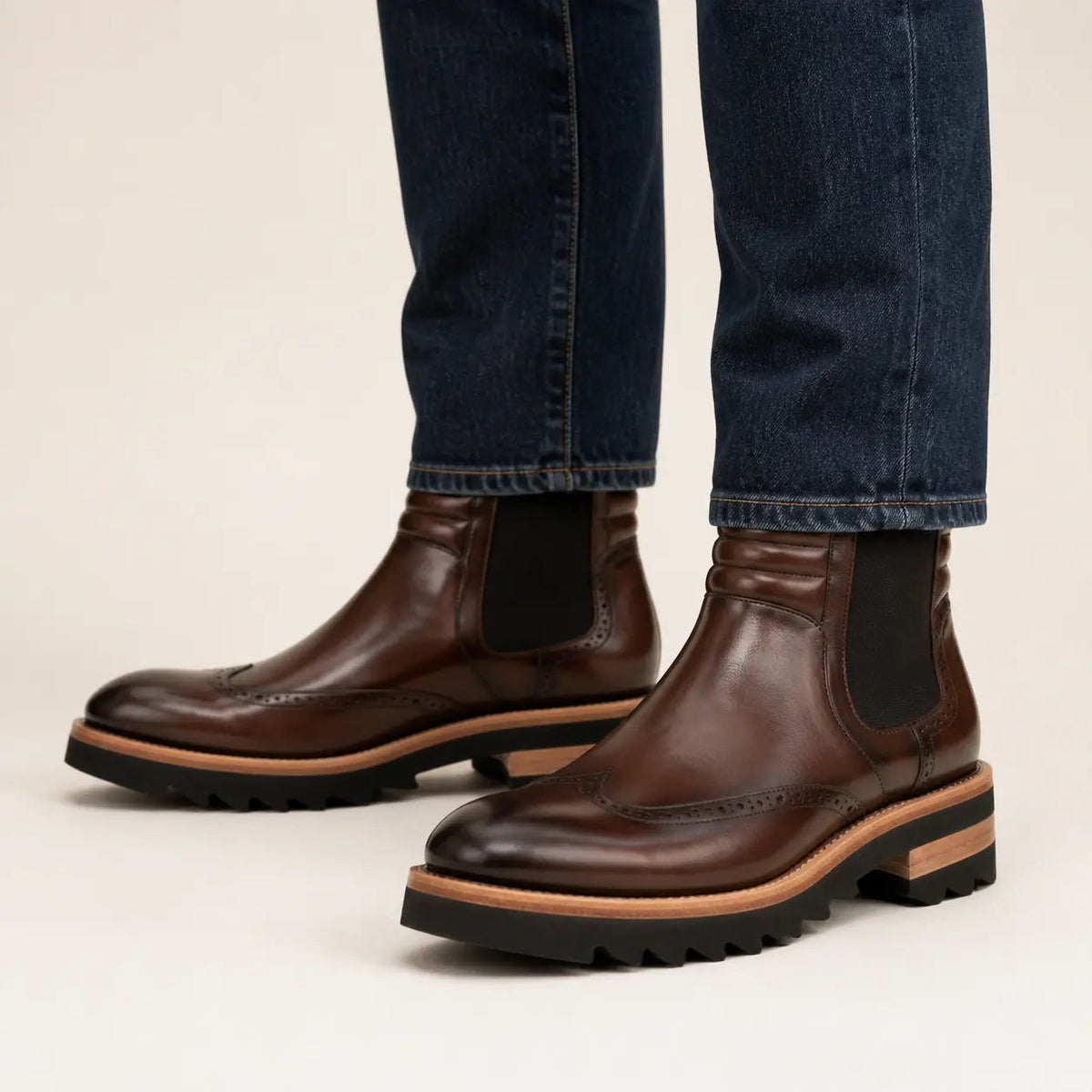 Dark Brown Lug Sole Wingtip Chelsea Ankle Boot
