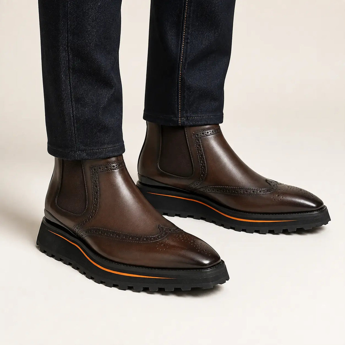 Brown Wingtip Chelsea Boots with Brown-Edge Lug Sole