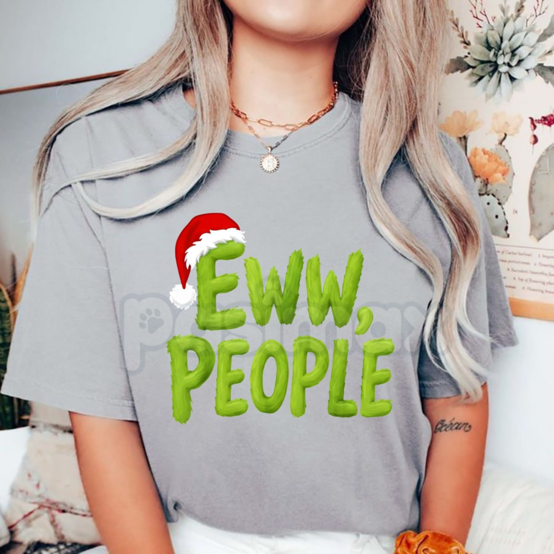 "Eww People" Christmas T-Shirt - Santa Hat Grinch Inspired Holiday Design, Anti-Social Festive Occasions Tee, Cynical Christmas Party Apparel